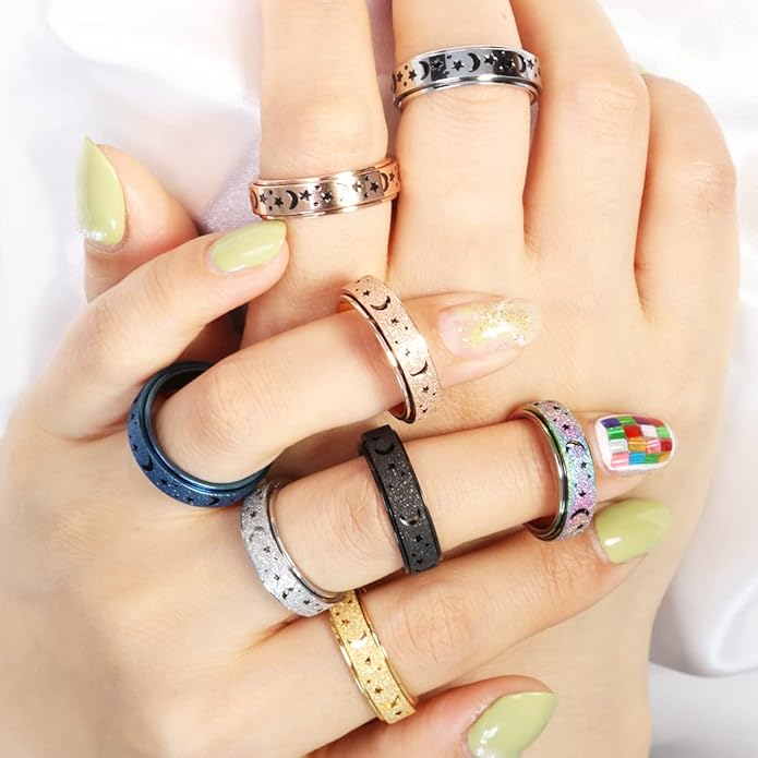 AmorArtSky Anxiety Ring for Women Men, Titanium Stainless Steel Spinner Ring, 5 Colors, 6MM, Size 6-10, 3 Styles Anxiety Ring-Moon Star, Sandblasted Finished, Hollow Outer