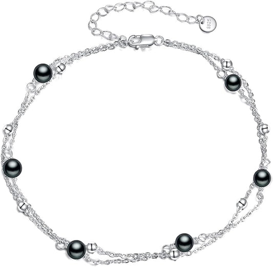 CRMAD Pearl/Moonstone/Larimar/Turquoise/Opal/Black Onyx Bracelet Anklet for Women Sterling Silver Beach Jewelry Gift for Women