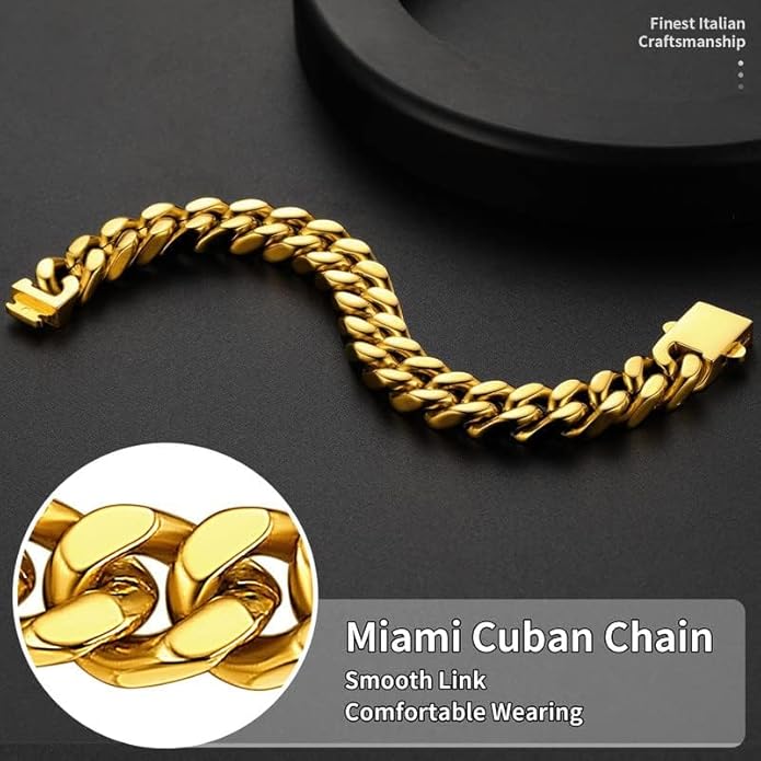 ChainsHouse Stainless Steel Cuban Link Bracelet for Men, 5mm/7mm/9mm/12mm Width, 7.5"/8.3"/9" Length, Black/18K Gold Plated Chain Wrist Bracelets for Men, with Gift Box