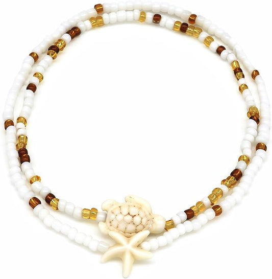 Shell Ankle Bracelet Set for Women, Gold Plated Boho Bead Adjustable Anklet, Hawaiian Beach Seashell Pearl Heart Starfish Conch Foot Jewelry Gifts