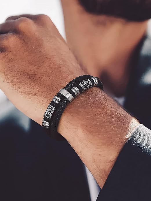 Bandmax Mens Black Double Wax Rope Cuff Bracelets Waterproof Stainless Steel Norse Style Celtic Knot Beads Bracelet Wristband Gift for Men