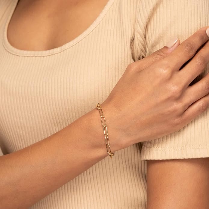 Gold Bracelets for Women Trendy,14K Gold Plated Dainty Stackable Paperclip Cuban Link Chain Bracelets, Simple Cute Cuff Bracelets Jewelry Set Adjustable 7"+2"