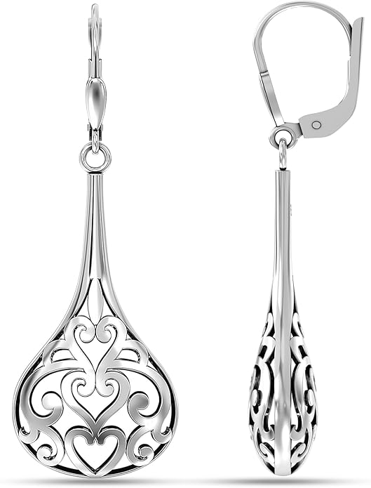 LeCalla 925 Sterling Silver Leverback Drop Earrings | Lightweight Celtic-Knot Filigree Heart Teardrop Dangle Earring for Women's Gift for Her