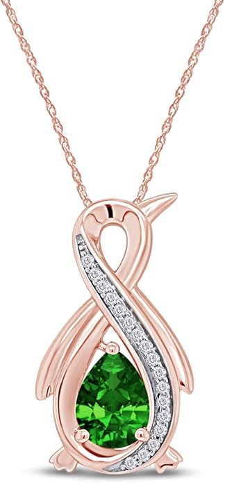 Infinity Penguin Pendant Necklace for Women, 14K Gold Over Sterling Silver with Pear & Round Cut Simulated Birthstone & White Diamond Accents, Dainty Animal Jewelry Gift with 18" Chain