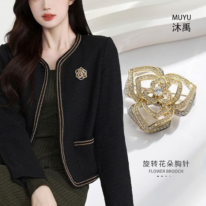14K Gold Mother of Pearl Camellia Brooch, Luxury Moissanite Flower Pin, Sophisticated Accessory for Dinners and Parties