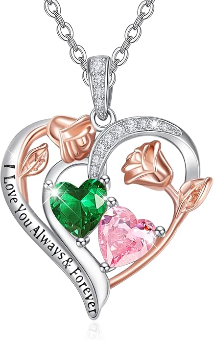 Zeuslia Double Birthstone Necklace Gifts for Wife - 925 Sterling Silver Sunflower/Rose/Crown Cross/Compass/Heart Pendant I Love You Necklace, Anniversary Birthday Gifts for Wife Girlfriend Mom Her