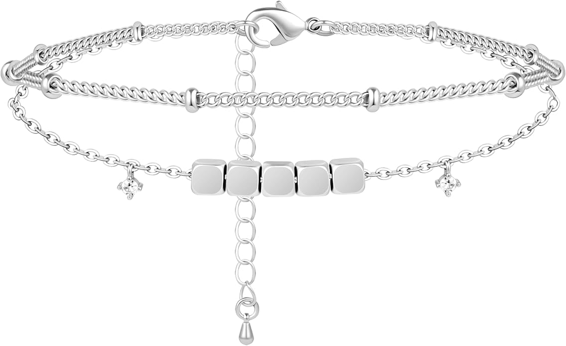 Sterling Silver Anklet Bracelets for Women Waterproof, 925 Sliver Plated CZ & Heart Charm Dainty Layer Anklets for Women Trendy, Simple Chain Anklets Set Gifts for Women, Jewelry Gifts for Her Women Mom Wife Girlfriend