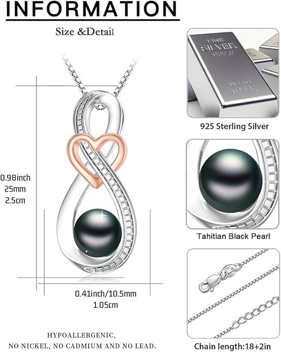 Tahitian Black Pearl Necklace Infinity Gifts for Women Wife Wedding Birthday Anniversary Jewelry Valentines Christmas Day Gifts 925 Sterling Silver
