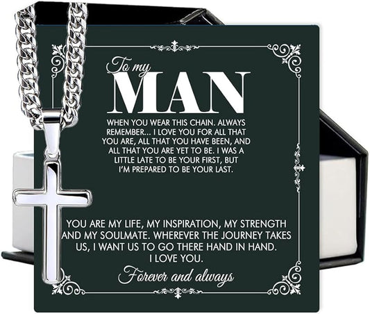 VIRAGIL To My Man Necklace Chain for Men, Silver Stainless Steel Chain Jewelry, Romantic Gift from Partner for Birthday Valentine or Everyday Wear with Meaning