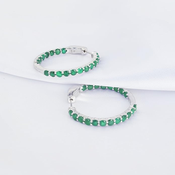 Hoop Earrings with 40 Colored Gemstones, Birthstone Earrings, 925 Sterling Silver Rhodium Plated, Push Back Closure, 1.18'