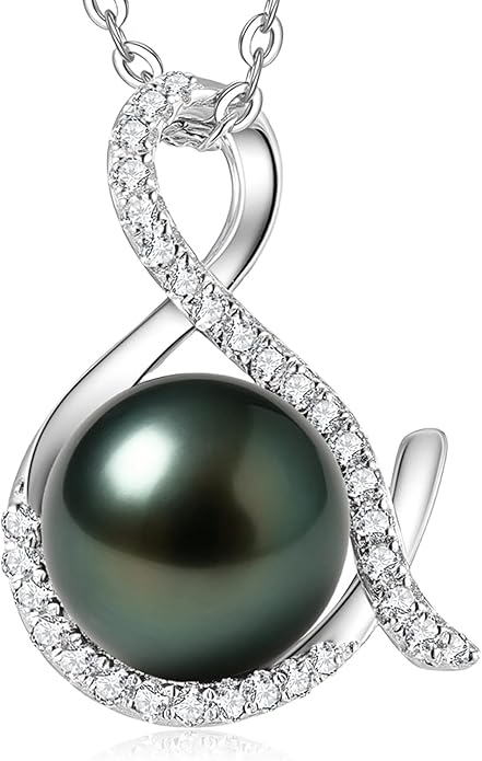 Genuine Tahitian Black Pearl Necklace for Women, 9-11mm AAAA Seawater Pearl with Sterling Silver Moissanite Pendant, Jewelry Gift for Wife, Mom, Girlfriend, Wedding Anniversary, Birthday, Christmas