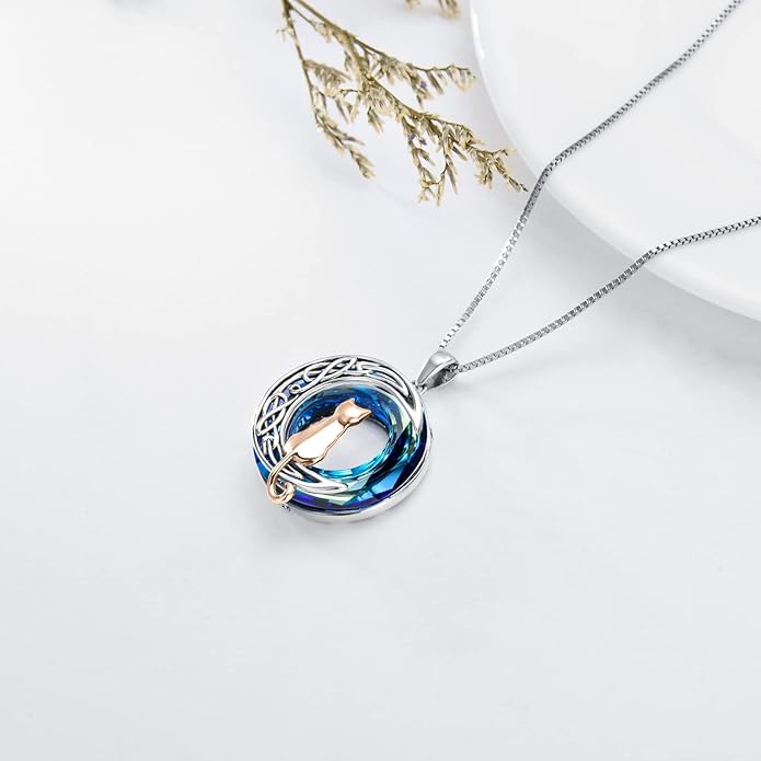 TOUPOP Christmas Cat Gifts for Cats Lovers One Two Three Four Cats Necklace Sterling Silver Cats on the Moon Pendant Necklace with Blue Circle Crystal Birthday Christmas Celtic Jewelry Gifts for Women
