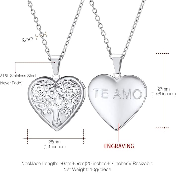 U7 Women Locket Necklace Platinum 14K Gold Photo Lockets that Hold Picture,Chain 20 Inch Personalized Gift Custom Love Heart Image Necklaces