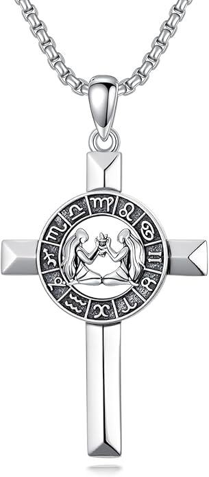 MEIDERBO Cross Zodiac Necklace 925 Sterling Silver 12 Constellation Horoscope Astrology Pendant Necklace Zodiac Sign Jewelry Gifts for Men Women