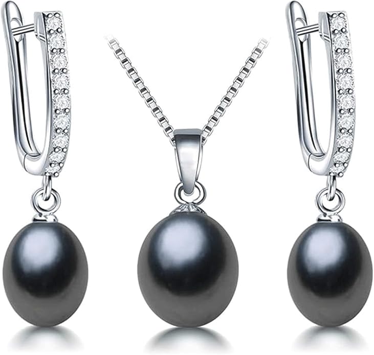 Pearl Jewelry Set For Women Pearl Pendant Necklace & Pearl Earrings with Sparkling Rhinestones 925 Sterling Silver Freshwater Pearl Drop Jewelry Set for Wedding Prom Gift