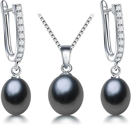 Pearl Jewelry Set For Women Pearl Pendant Necklace & Pearl Earrings with Sparkling Rhinestones 925 Sterling Silver Freshwater Pearl Drop Jewelry Set for Wedding Prom Gift