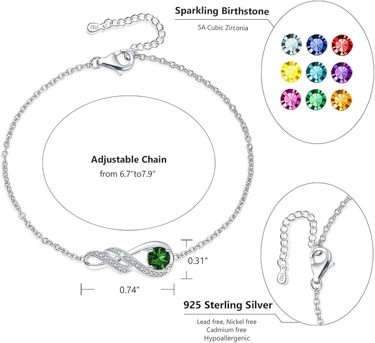 Birthstone Bracelets for Women 925 Sterling Silver Created Gemstone Bracelet Infinity Pendant Jewelry for Her, 6.7"+1.2"