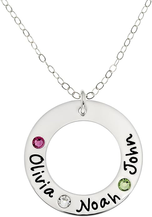 AJ's Collection Sterling Silver Personalized Washer Necklace with 3 Crystal Birthstones with a choice of Sterling Silver Chain. Gift for Her