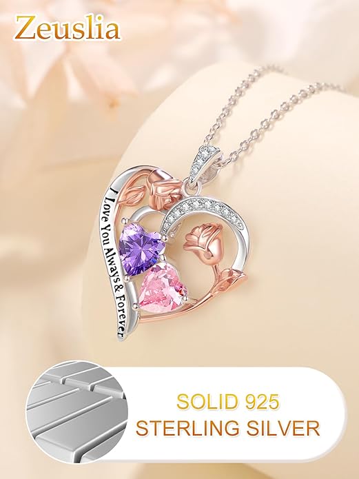 Zeuslia Double Birthstone Necklace Gifts for Wife - 925 Sterling Silver Sunflower/Rose/Crown Cross/Compass/Heart Pendant I Love You Necklace, Anniversary Birthday Gifts for Wife Girlfriend Mom Her