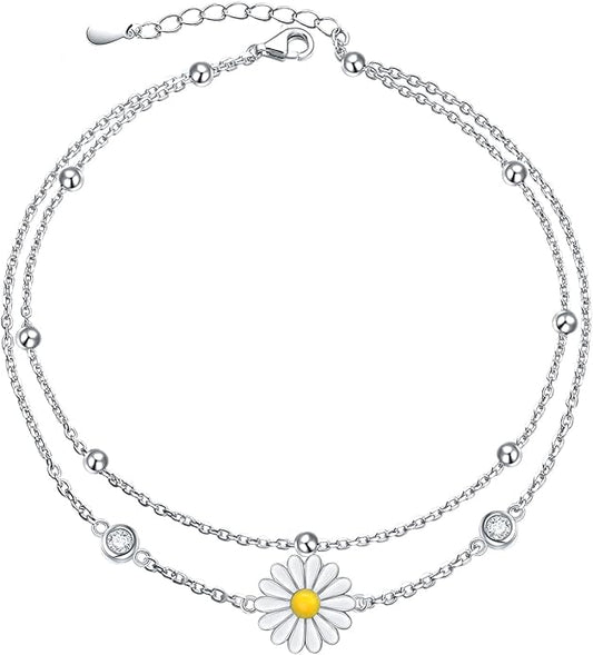 Anklets for Women 925 Sterling Silver Charm Layered Simulated Opal/Moonstone/Daisy/Infinity Summer Beach Ankle Bracelet Foot Chain Jewelry Birthday Valentine's Day Mother's Day Gift