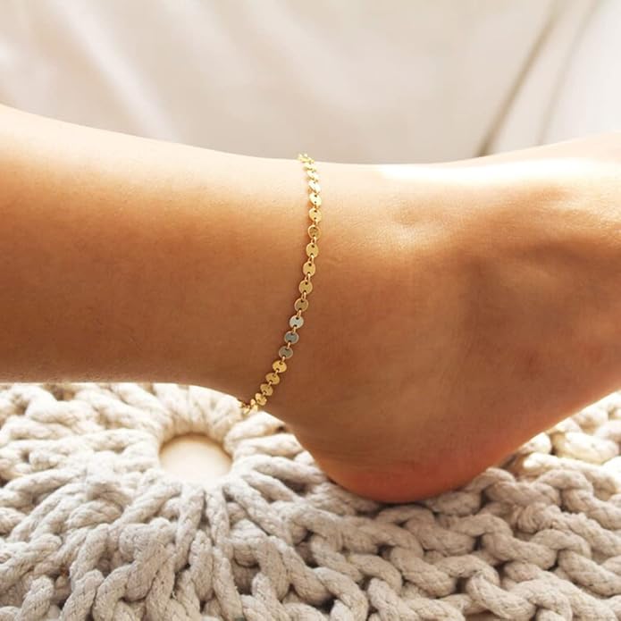 Dainty Ankle Bracelets for Women 18K Gold Plated Satellite Beaded Herringbone Chain Anklets Simple Lip Chain Anklet Minimalist Summer Beach Foot Jewelry Christmas
