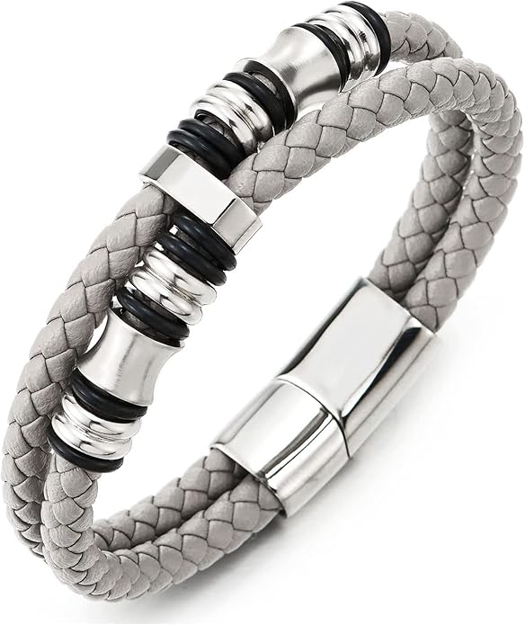 COOLSTEELANDBEYOND Mens Double-Row Braided Leather Bracelet Bangle Wristband with Stainless Steel Ornaments