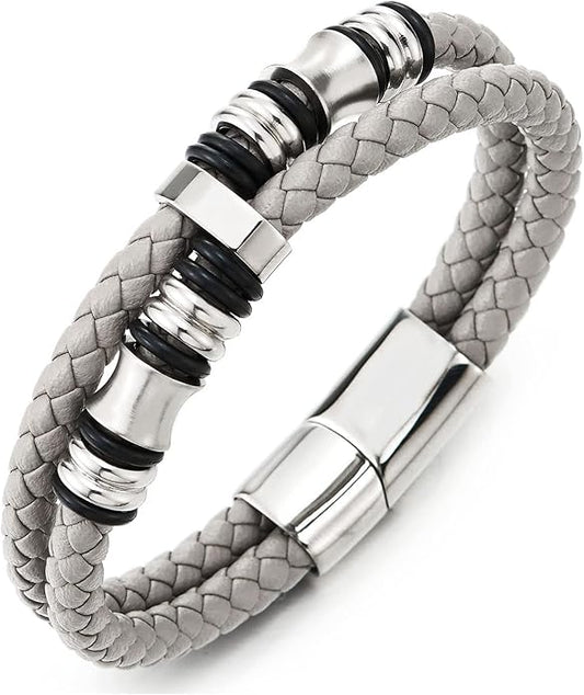 COOLSTEELANDBEYOND Mens Double-Row Braided Leather Bracelet Bangle Wristband with Stainless Steel Ornaments