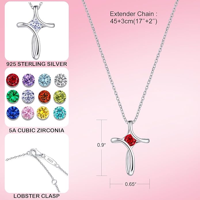 NINAMAID Cross Necklace for Women, 925 Sterling Silver Birthstone Necklace for Women with Diamond Sideways Cross Necklaces Birthstone Jewelry Birthday Gifts for Womens
