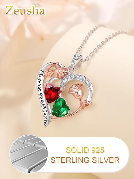 Zeuslia Double Birthstone Necklace Gifts for Wife - 925 Sterling Silver Sunflower/Rose/Crown Cross/Compass/Heart Pendant I Love You Necklace, Anniversary Birthday Gifts for Wife Girlfriend Mom Her