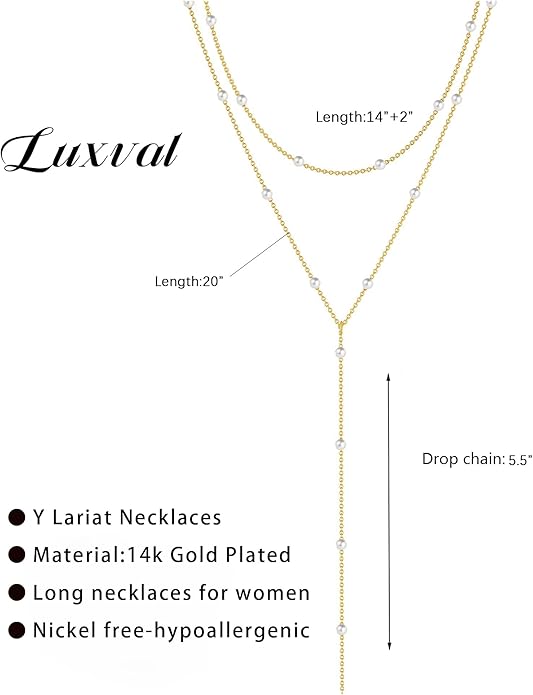 Luxval Lariat Silver Necklace for Women, Dainty Long Necklace Silver Y-Shaped Pendant Necklaces Trendy Beaded Chain Drop Necklaces Jewelry for Women Gifts