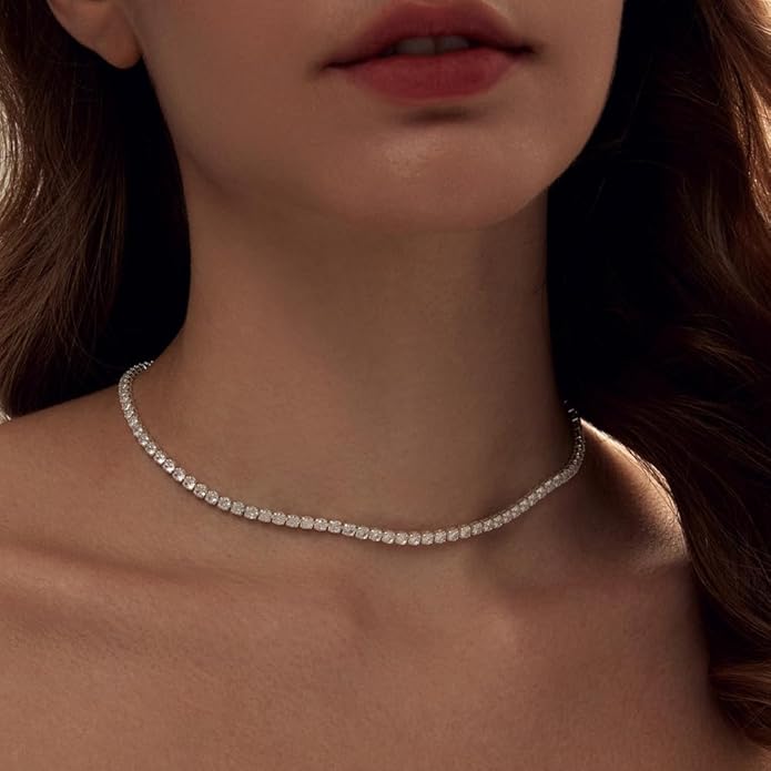Tennis Necklace Bracelet for Women, Sterling Sliver, Dainty Chocker Necklace, Crystal Bracelet for Women, Wedding Jewelry for Bride, Sparkly Party Prom Hypoallergenic