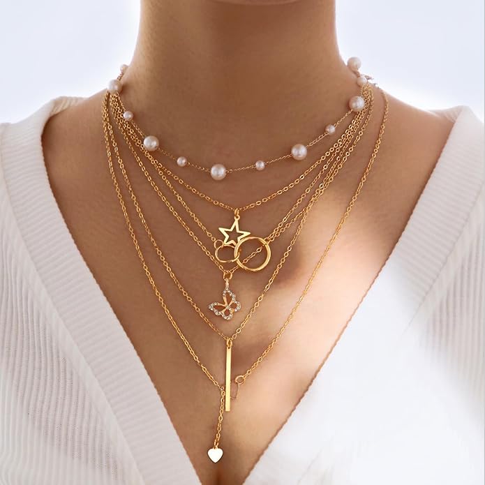 IFNODO 46Pcs Gold Jewelry Set for Women with 5 Necklace, 12 Bracelet, 5 Hoop Earrings, 15 Stud Earrings and 9 Rings Jewelry Set For Gifts for Women.