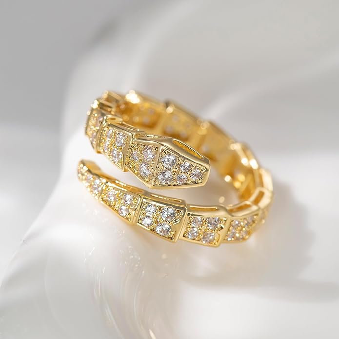 Aura & lrena Adjustable Snake Rings for Wome, 18K Gold or Platinum Plating Open-Ended Ring with AAA Cubic Zirconia Fashion Jewelry, Statement Gift Design Rings for Men and Women Non Tarnish