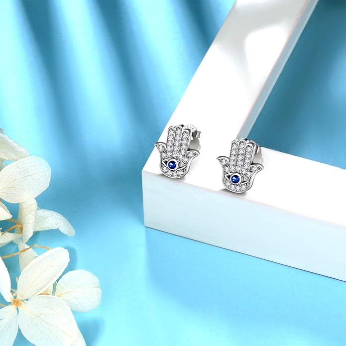 Evil Eye Necklace Evil Eye Hamsa Hand of Fatima Necklace 925 Sterling Silver Fine Jewelry Gifts for Womens White Blue CZ Third Eye Stud Earrings Turkish Eye Ring Hamsa Hand Jewelry Set Gifts Valentine Day Chrismtas Gifts