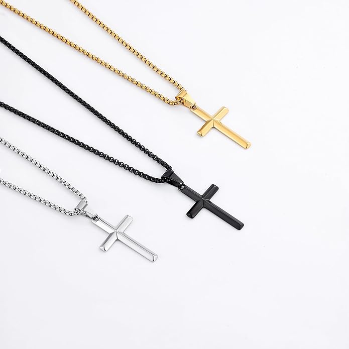 Fiusem Beveled Edge Cross Necklace for Men, Silver Tone/Black/14K Gold Plated Mens Cross Necklace, 2.5MM Stainless Steel Box Chain with Pendant