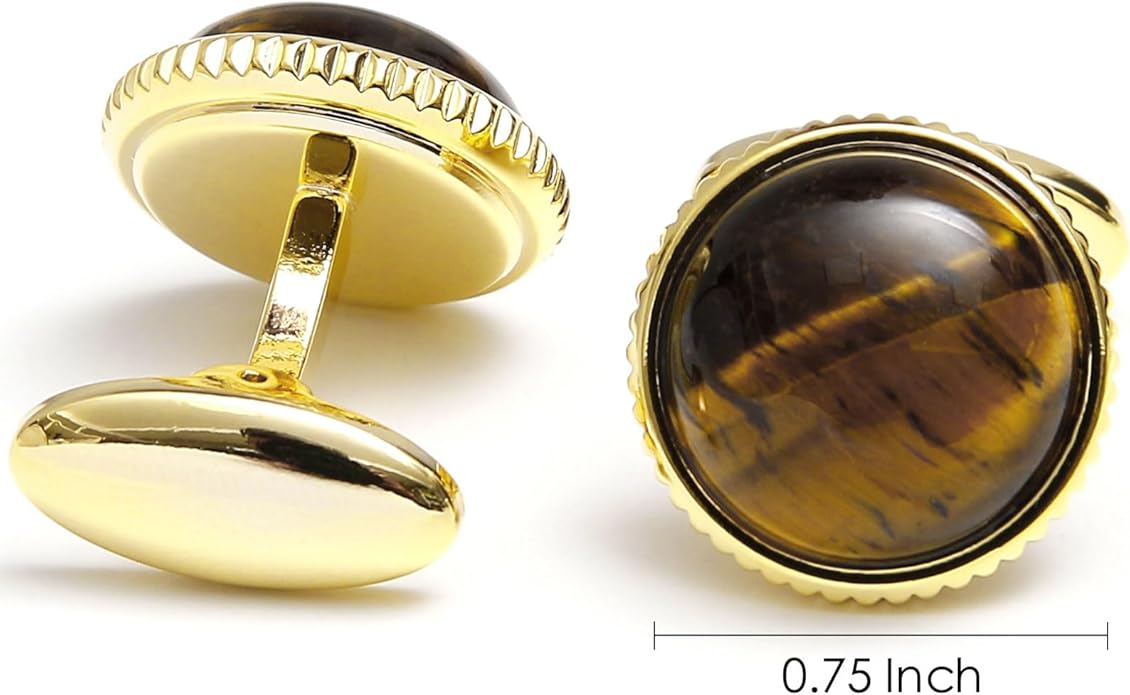 Jonwo Round Natural Polished Tiger's Eye Gemstone Cufflinks for Men Women 14K Gold Plated Crystal Men's Cufflinks Jewelry for Wedding Anniversary Business Party Tuxedo Dress Shirt