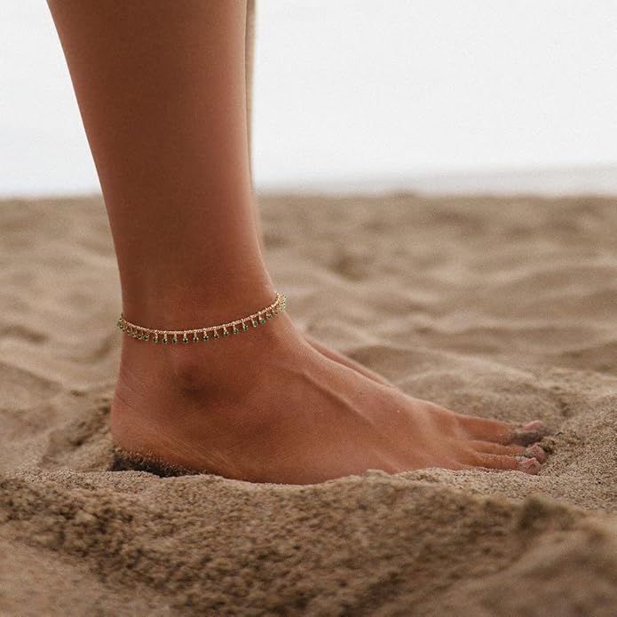 MTMY Gold Anklets for Women 14K Gold Plated Tiny Bead Anklet Colorful Tassel Foot Chain Dainty Adjustable Cute Summer Beach Boho Anklets Jewelry Gift