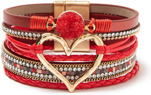 Rantanto Braid Leather Wrap Bracelet Trendy Stackable Crystal Cuff Boho Gold Heart Bracelet Jewelry Gift For Women