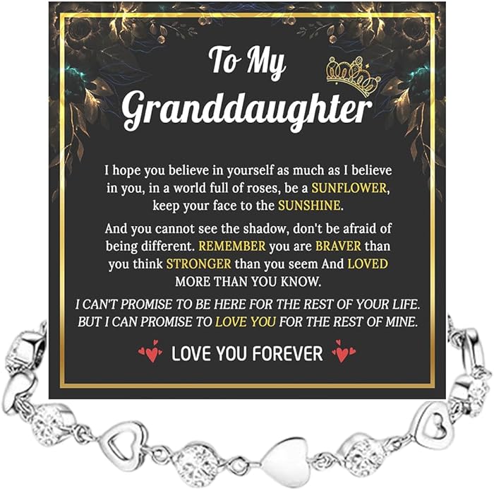 To My Granddaughter Heart Bracelet, Meaningful Jewelry Gift, Bracelet For Granddaughter from Grandma Grandpa with Message Card and Box on Christmas, Birthday, Graduation, Bracelets For Women