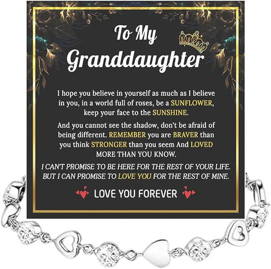 To My Granddaughter Heart Bracelet, Meaningful Jewelry Gift, Bracelet For Granddaughter from Grandma Grandpa with Message Card and Box on Christmas, Birthday, Graduation, Bracelets For Women
