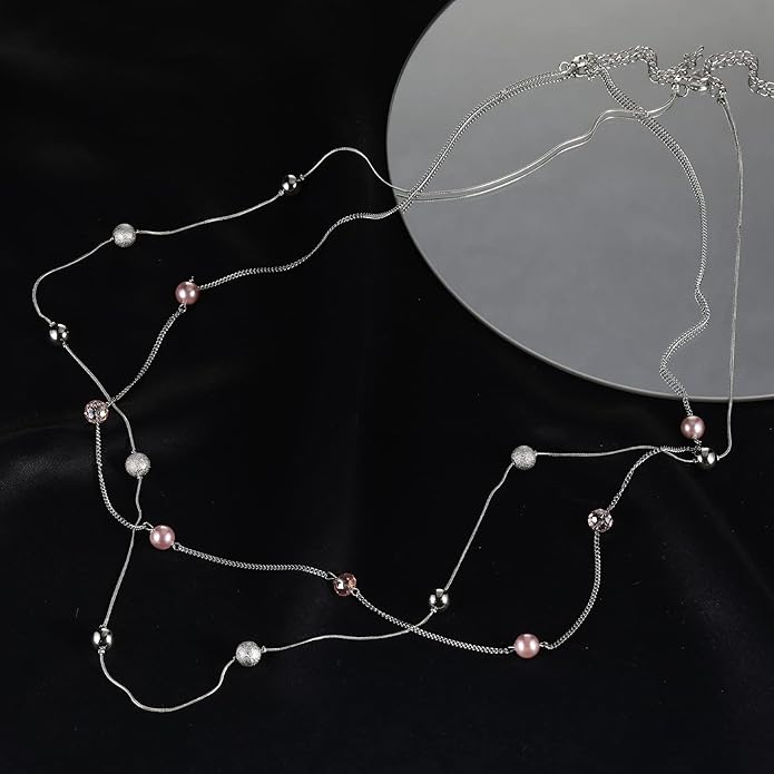 Silver Layered Long Necklace for Women Pearl Crystal Sweater Strand Chain Necklaces Fashion Gifts