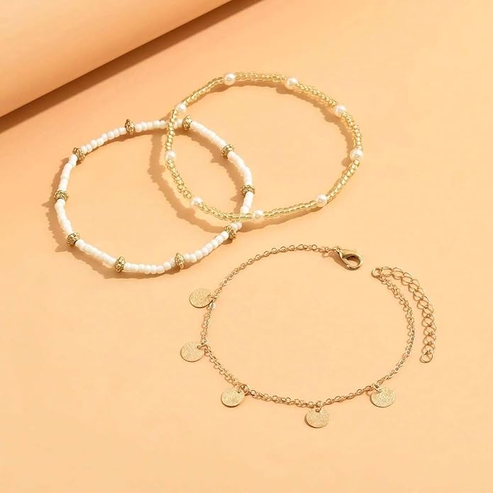 Shell Ankle Bracelet Set for Women, Gold Plated Boho Bead Adjustable Anklet, Hawaiian Beach Seashell Pearl Heart Starfish Conch Foot Jewelry Gifts