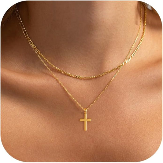 Cross Necklace for Women Dainty 14K Real Silver Gold Plated Layered Cross Pendant Necklace Stack Simple Trendy Cute Charm Choker Necklaces Jewelry Gift for Women Teen Her