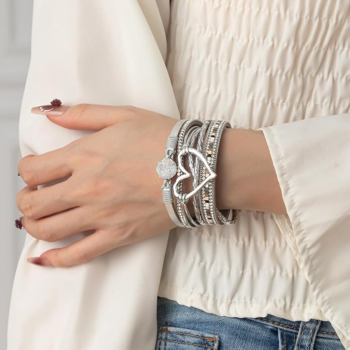 Rantanto Braid Leather Wrap Bracelet Trendy Stackable Crystal Cuff Boho Gold Heart Bracelet Jewelry Gift For Women