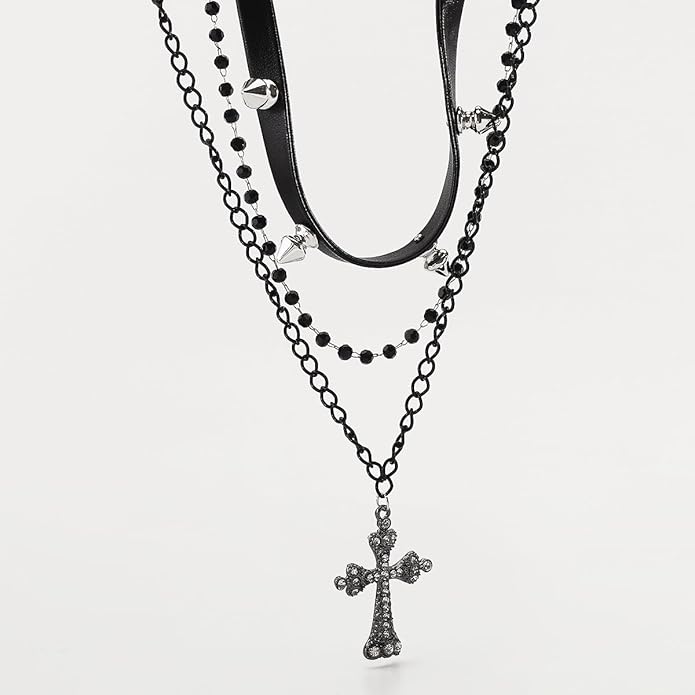 Gothic Layered Necklace for Women Men Punk Leather Spike Studded Choker Collar Necklace Vintage Crystal Cross Pendant Necklace Goth Black Crystal Choker Necklace Halloween Party Jewelry