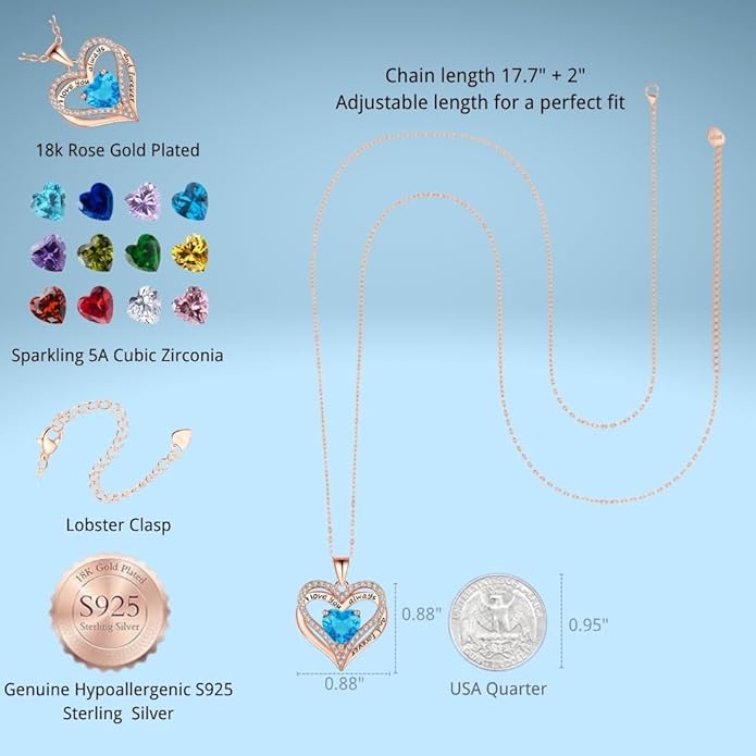 Birthstone Heart Necklace for Women Wife Girlfriend Mom Daughter Gifts S925 Silver Jewelry For Anniversary Rose Gold Gifts For Birthday Christmas Mothers Valentines Day