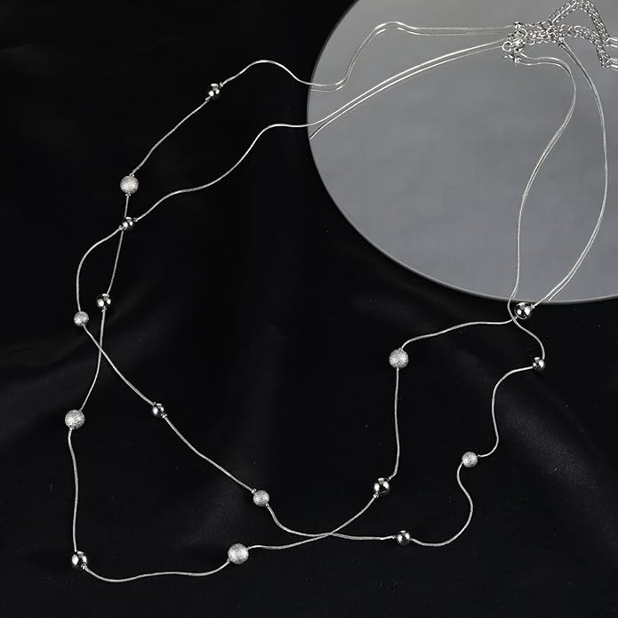 Silver Layered Long Necklace for Women Pearl Crystal Sweater Strand Chain Necklaces Fashion Gifts