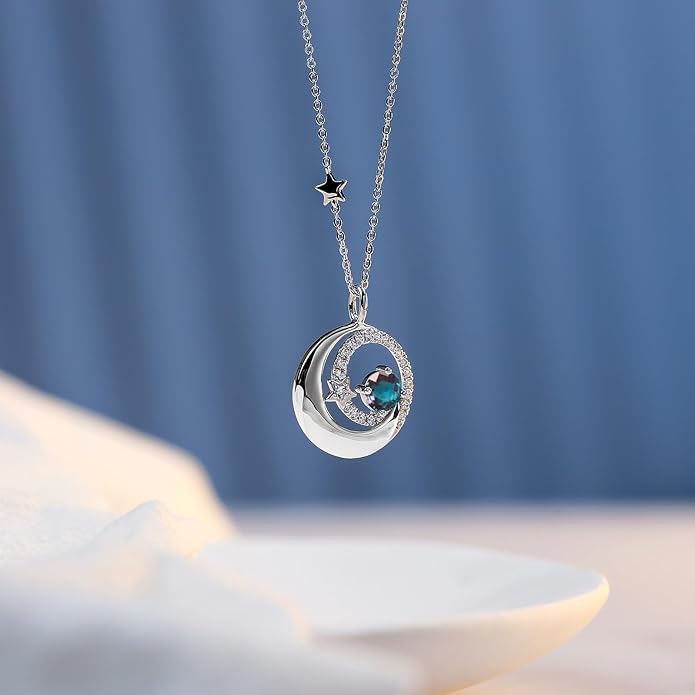 FANCIME Birthstone Necklaces 925 Sterling Silver Moon and Star Pendant Fine Jewelry Birthday Christmas Gifts for Mom Wife Her Daughter, Adjustable Chain 16+2"