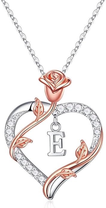 Rose Heart Initial Necklace Gifts for Women Girls, Letter Pendant Necklaces for Women Jewelry Anniversary Birthday Gifts for Her Wife Girlfriend Teen Girls