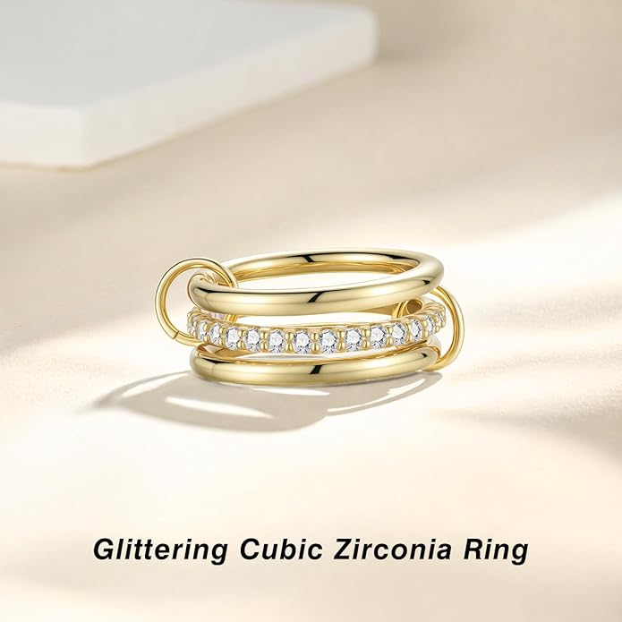 Emibele 14K Gold Plated Stackable Rings for Women, Interlocking Non Tarnish Gold Rings, Silver Dainty Cubic Zirconia Bands, Two-Toned Mixed Metal Stacking Band, Trendy Jewelry Gifts for Women